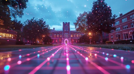 A holographic tour of a university campus at night, featuring a pathway illuminated with colorful lights.