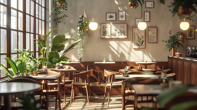 Digitally generated cozy and modern cafe interior the scene was with photorealistic shaders and lighting