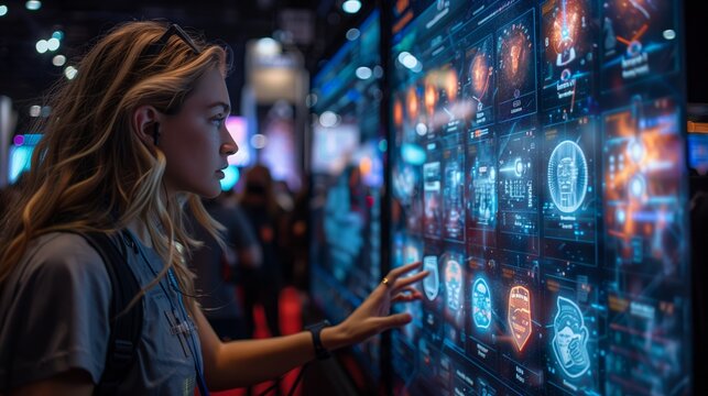 A woman interacts with a large holographic display showcasing various digital designs at a comic convention.
