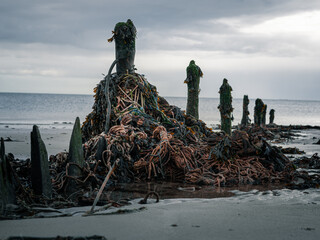 Fischernetze hängen fest an einem Pfahl im Wasser, am Strand der Normandie