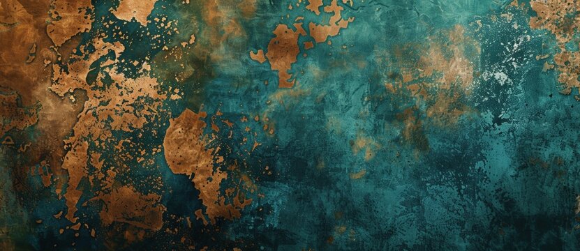 Abstract grunge texture background of old oxidized copper plating creating a distressed effect on teal and green concrete