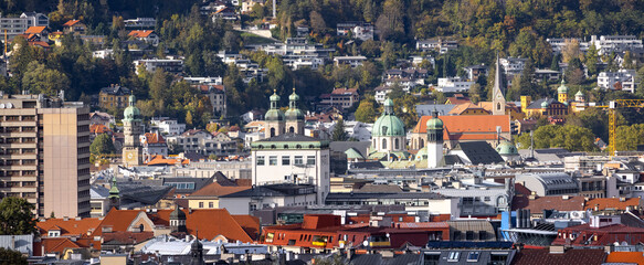 Panoramic view Innsbruck cityscape, colorful historic buildings in Innsbruck, Austria