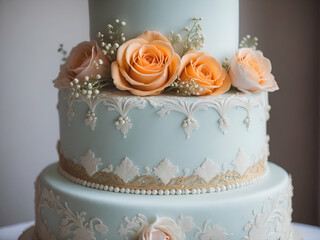 A three tiered wedding cake with peach roses and babys breath on top