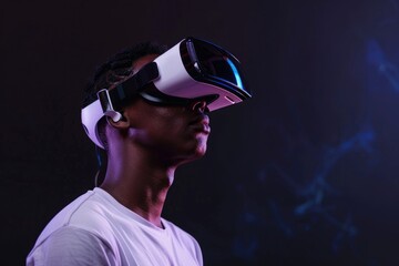 African American man watching 360 degree VR video on headset.
