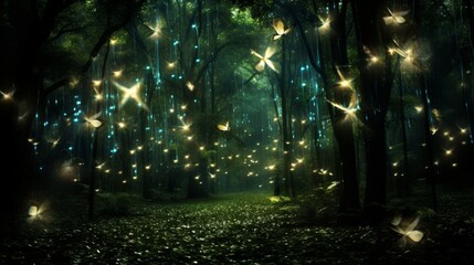 Spellbinding firefly display creating mesmerizing lights in a picturesque forest clearing