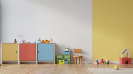 Interior design of a bedroom with furniture, toys, and colorful cabinets. Childroom
