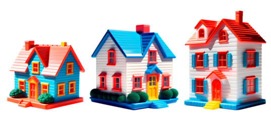 Conjunto de casas 3d. Grupo de casinhas de plástico em fundo transparente, sem fundo.