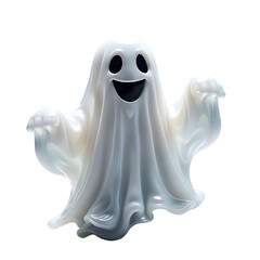 &Iacute;cone de fantasma 3d flutuante e alegre com bra&ccedil;os levantados em fundo transparente, sem fundo.