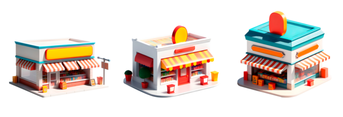 Conjunto de lojas 3d, Grupo de pequenos comércios em fundo transparente, sem fundo.