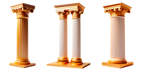 Grupo de pilares romanos com detalhes dourados em fundo transparente, sem fundo.