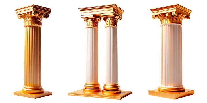 Grupo de pilares romanos com detalhes dourados em fundo transparente, sem fundo.