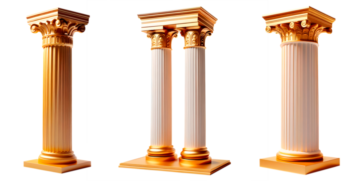 Grupo de pilares romanos com detalhes dourados em fundo transparente, sem fundo.