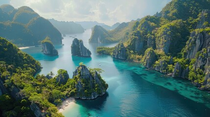 Azure bay dotted with towering limestone karsts cloaked in lush tropical vegetation.