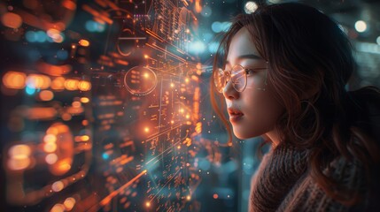 A woman wearing glasses looks intently at a holographic screen displaying complex mathematical equations.
