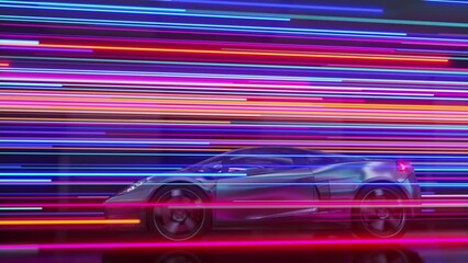 Sleek sports car moving at high speed through a vibrant neon tunnel with dynamic neon streaks. Ultra HD 4K 3840x2160 3D Animation.