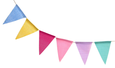 Bright colorful bunting garland. Party flags on rope. Textured fabric. Birthday celebration, wedding anniversary. Holiday Festa Junina decor. Isolated overlay object, banner on background