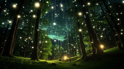 Mesmerizing firefly light display amid the dark forest trees in enchanting clearing