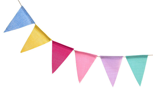 Bright colorful bunting garland. Party flags on rope. Textured fabric. Birthday celebration, wedding anniversary. Holiday Festa Junina decor. Isolated overlay object, banner on background