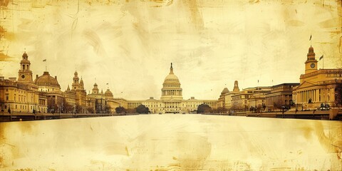 Vintage sepia-toned panoramic view of a classic European city with domed architecture and river, evoking historic charm and elegance