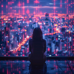 A person is sitting on a ledge in a city at night. The city is lit up with bright lights and the person is looking out at the city. Scene is one of solitude and contemplation