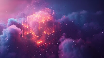 Fototapeta premium Casting a spell to transform digital clouds into a glowing network symbol amidst an isometric color spectrum.