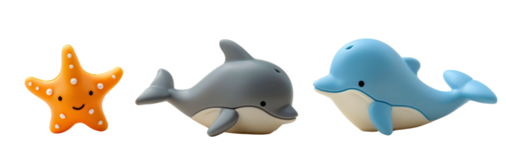 Playful Set of 3 Animal Toys - Dolphin, Whale, and Starfish on White Background