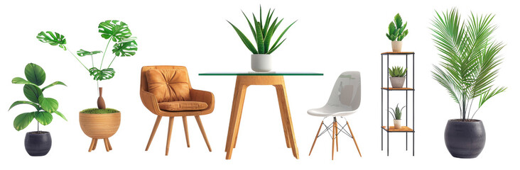 Stylish Set of Indoor Plants in Modern Metal, Rustic Wood, and Minimalist Ceramic Planters on White Background