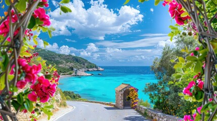 Coastal road overlooking a turquoise bay with a stone lighthouse hut framed by bright seaside flowers.