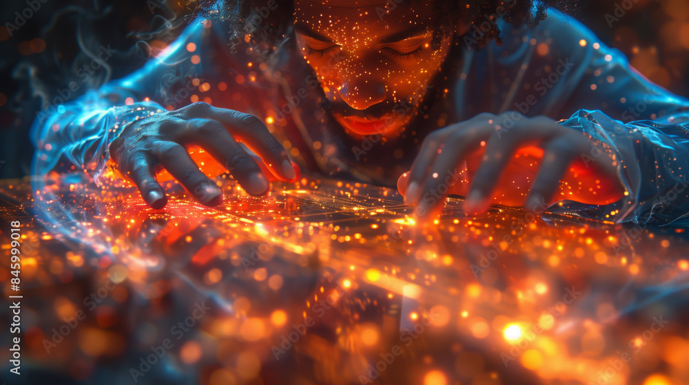 Poster a man plays virtual instruments on a holographic interface, his hands glowing with light and creatin