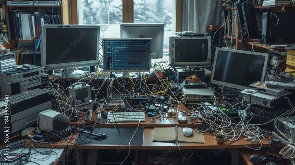 Poster a messy desk with multiple monitors, electronics, and a tangled mess of wires. there is a keyboard, 