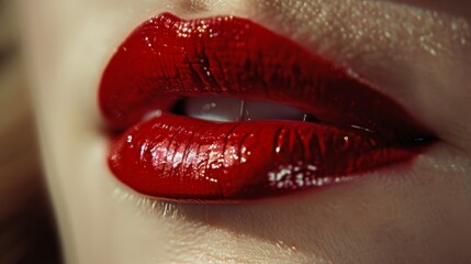 Bold Red Lips: Model's lips adorned with bold red lipstick. The close-up highlights the texture and shine of the lipstick. Fashion. Cosmetics. Beauty.