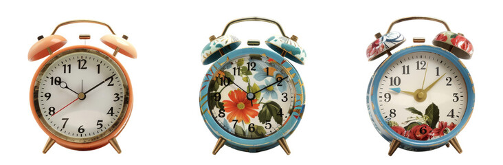 Timeless Trio - Set of Analog, Digital, and Flip Alarm Clocks on White Background