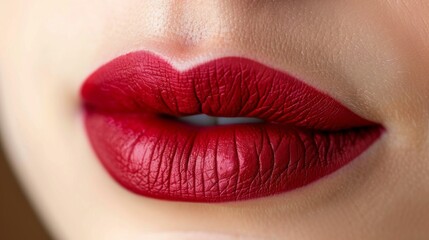 Bold Red Lips: Model's lips adorned with bold red lipstick. The close-up highlights the texture and shine of the lipstick. Fashion. Cosmetics. Beauty.