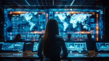 A woman sits facing a large screen displaying a world map and other data during a virtual business meeting.