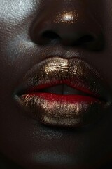 Bold Red Lips: Model's lips adorned with bold red lipstick. The close-up highlights the texture and shine of the lipstick. Fashion. Cosmetics. Beauty. © steve