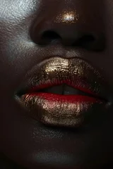 Bold Red Lips: Model's lips adorned with bold red lipstick. The close-up highlights the texture and shine of the lipstick. Fashion. Cosmetics. Beauty. © steve
