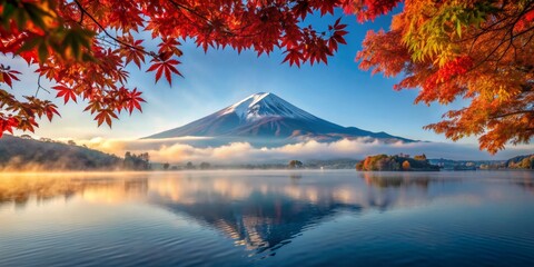 Mount Fuji with autumn leaves reflected in lake