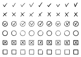 Check marks doodle set. Checkbox, checklist, tick and cross signs, v and x in sketch style. Hand drawn vector illustration isolated on white background © AnyaLi
