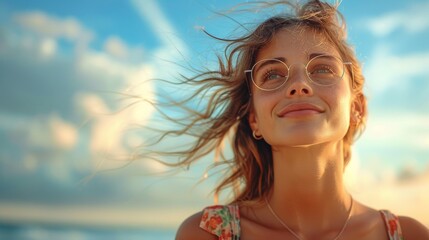 Joyful woman with golden round glasses smiling at sunset with wind in hair and sky background - Powered by Adobe