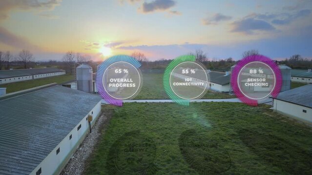 Smart Farming on Chicken Poultry Farm with Infographic Statistic of Automation and Monitoring System. Aerial drone shoot at sunset