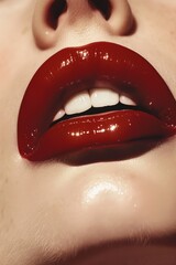 Obraz premium Bold Red Lips: Model's lips adorned with bold red lipstick. The close-up highlights the texture and shine of the lipstick. Fashion. Cosmetics. Beauty.