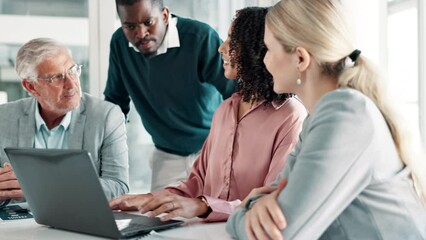 Business people, meeting and discussion with laptop for corporate strategy, proposal or ideas at office. Group of employees or team in collaboration on computer for planning or brainstorming together