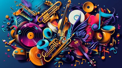 A vibrant music background featuring colorful musical instruments and a vinyl record disc in vector illustration. A music festival poster adorned with double bell euphonium, violoncello, trumpet,