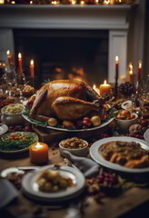 Thanksgiving Dinner in a Celebration Night in Front of the Fireplace