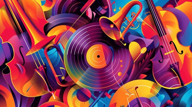 A vibrant music background featuring colorful musical instruments and a vinyl record disc in vector illustration. A music festival poster adorned with double bell euphonium, violoncello, trumpet,