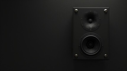 A loudspeaker depicted against a black wall background in a 3D illustration.