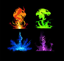 Magic explosion, bomb boom flash game effect vector set, varicoloured fire blast with rising smoke, wizard weapon shot