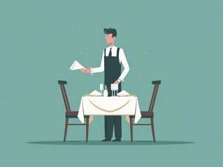 Fototapeta premium Waiter folding napkins flat design side view table setting animation Complementary Color Scheme
