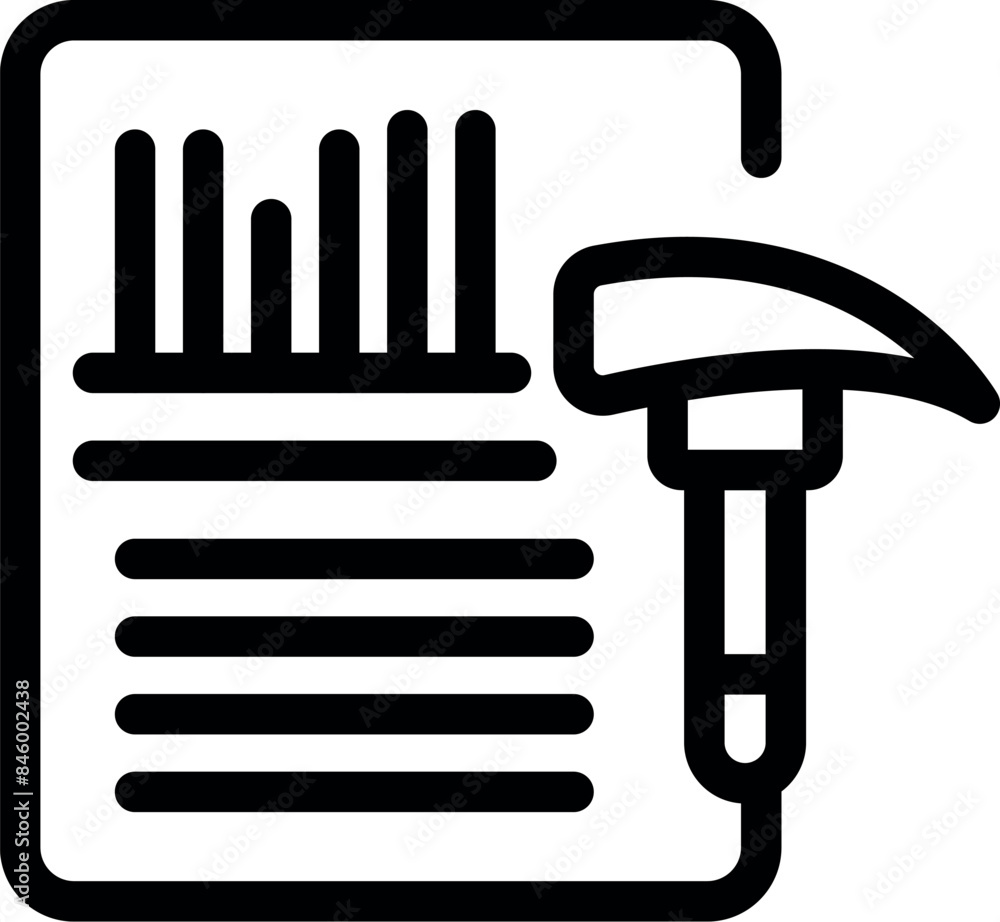 Poster simple data mining icon with hammer hitting a paper with graph on it