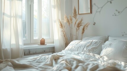 Minimalist bedroom with white bedding and natural light